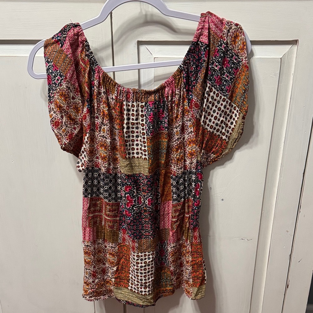 Rose & Olive Multi-Color Patchwork Off-Shoulder T… - image 6